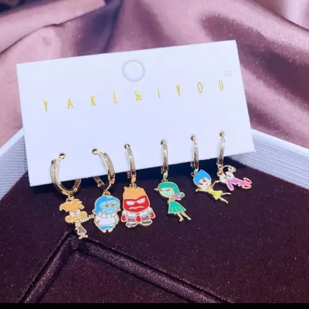 14K Gold Disney Pixar Inside Out 2 Theme Stud Mismatched Huggie Hoop Ear…